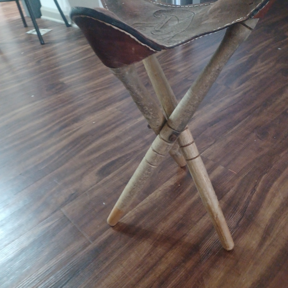 Rustic Leather and Wood Tripod Stool